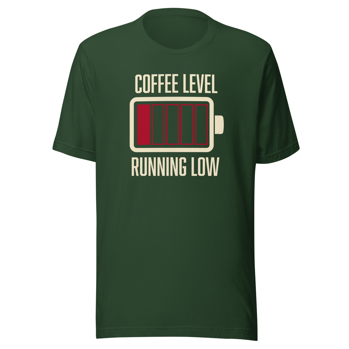 A minimalist artwork featuring a nearly empty battery indicator paired with the phrase ‘Coffee Level Running Low.’ A witty and relatable design for coffee lovers, caffeine addicts, office workers, students, and anyone who runs on coffee to get through the day.