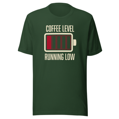 A minimalist artwork featuring a nearly empty battery indicator paired with the phrase ‘Coffee Level Running Low.’ A witty and relatable design for coffee lovers, caffeine addicts, office workers, students, and anyone who runs on coffee to get through the day.