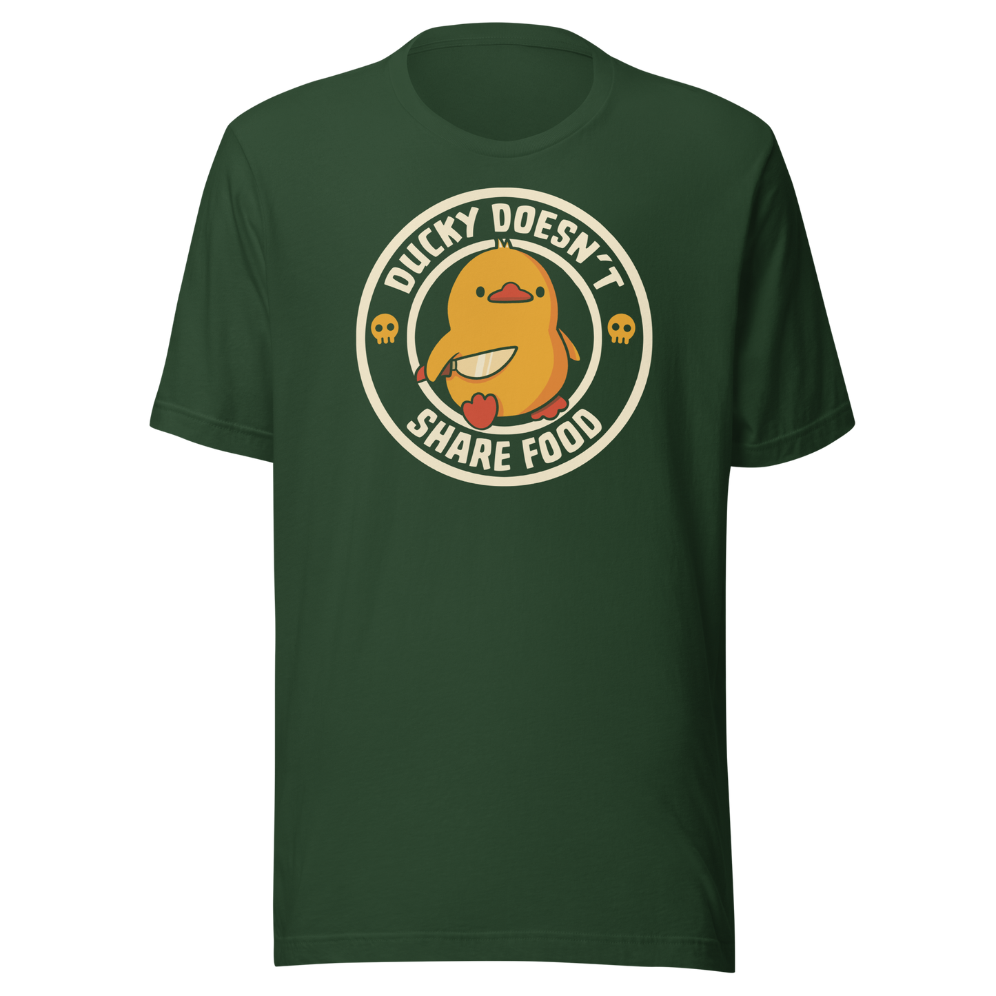 A cute yellow duck holding a small knife, paired with the phrase “Ducky Doesn’t Share Food”. A funny and sarcastic design that contrasts adorable looks with an aggressive, food-protective duck attitude.