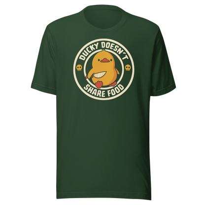 A cute yellow duck holding a small knife, paired with the phrase “Ducky Doesn’t Share Food”. A funny and sarcastic design that contrasts adorable looks with an aggressive, food-protective duck attitude.