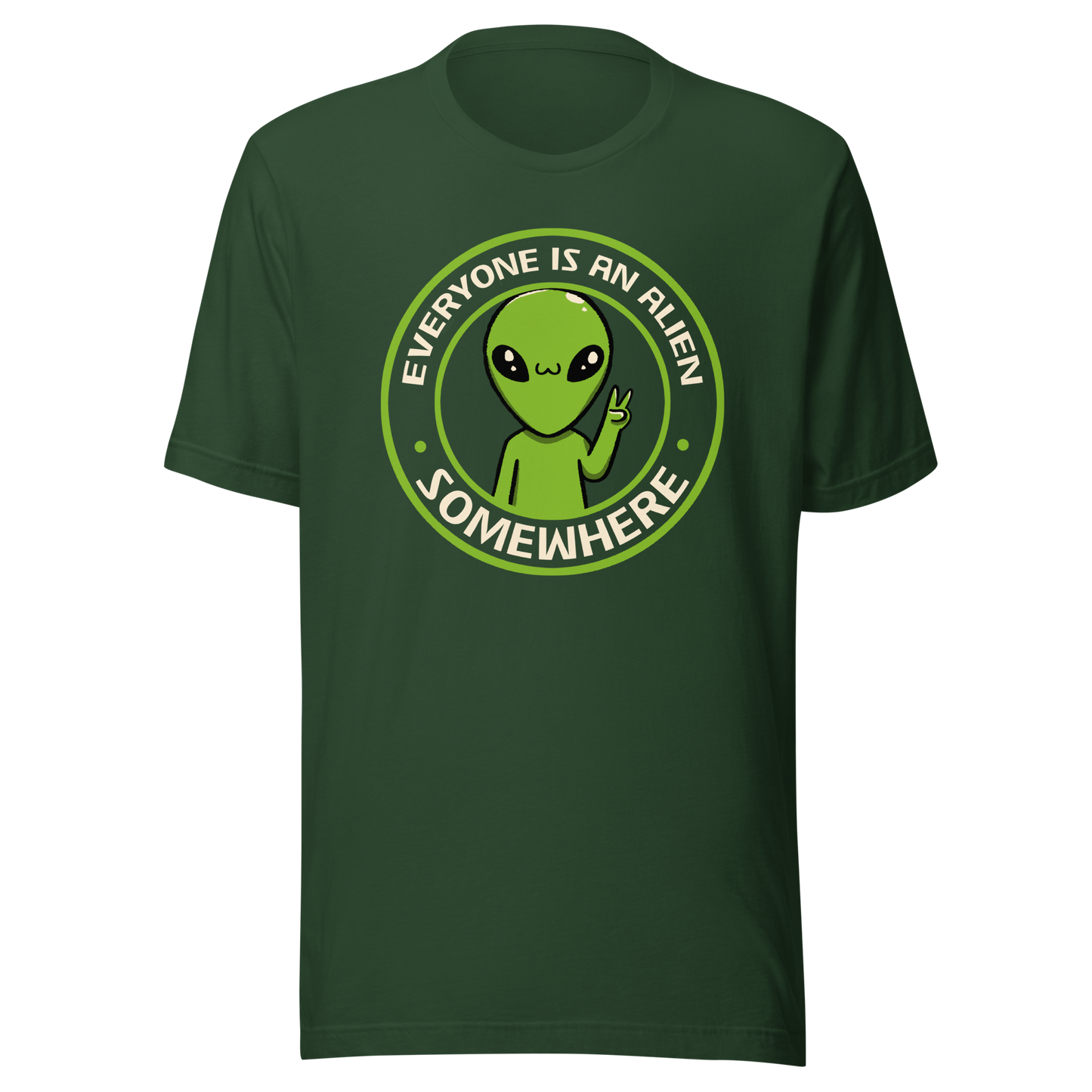 A stamp-style design of a green alien making a “V” sign, paired with the phrase “Everyone Is An Alien Somewhere”. A playful artwork about feeling different and embracing individuality.