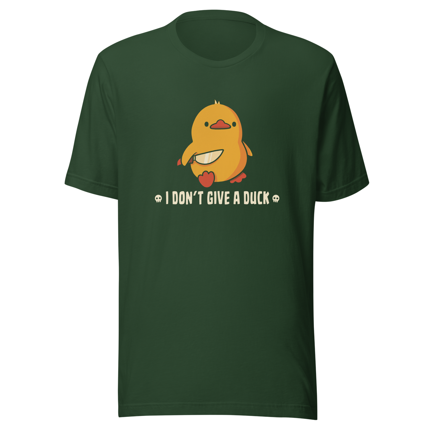 A cute yellow duck holding a small knife, around it the text "I Don't Give a Duck". An art that mixes humor with the temperament of ducks.