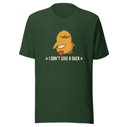 A cute yellow duck holding a small knife, around it the text "I Don't Give a Duck". An art that mixes humor with the temperament of ducks.