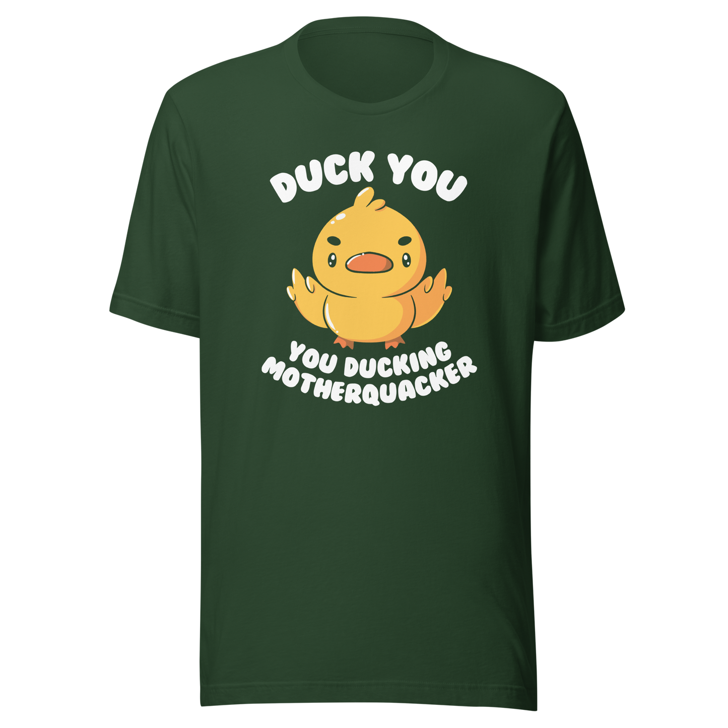 A cute yellow duckling with a mean face showing his middle fingers, next to it the phrase "Duck You, you ducking motherquacker". An art with humor for those who love ducks.