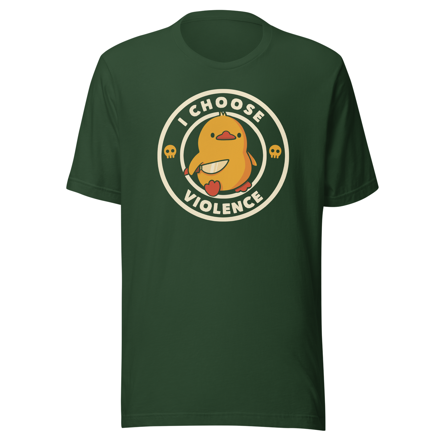 A cute yellow duck holding a small knife, around it the text "I choose violence". An art that mixes humor with the temperament of ducks.
