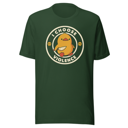 A cute yellow duck holding a small knife, around it the text "I choose violence". An art that mixes humor with the temperament of ducks.