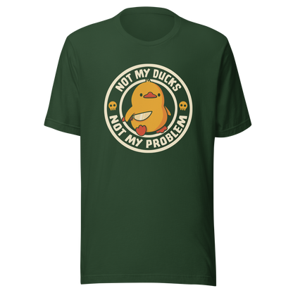 A cute yellow duck holding a tiny knife with an unexpectedly fierce attitude. Around it, the phrase "Not My Ducks Not My Problem" adds a sarcastic twist to the sweet but chaotic vibe. A playful design that blends humor, duck drama, and a touch of unapologetic mischief, perfect for fans of witty, slightly unhinged art.