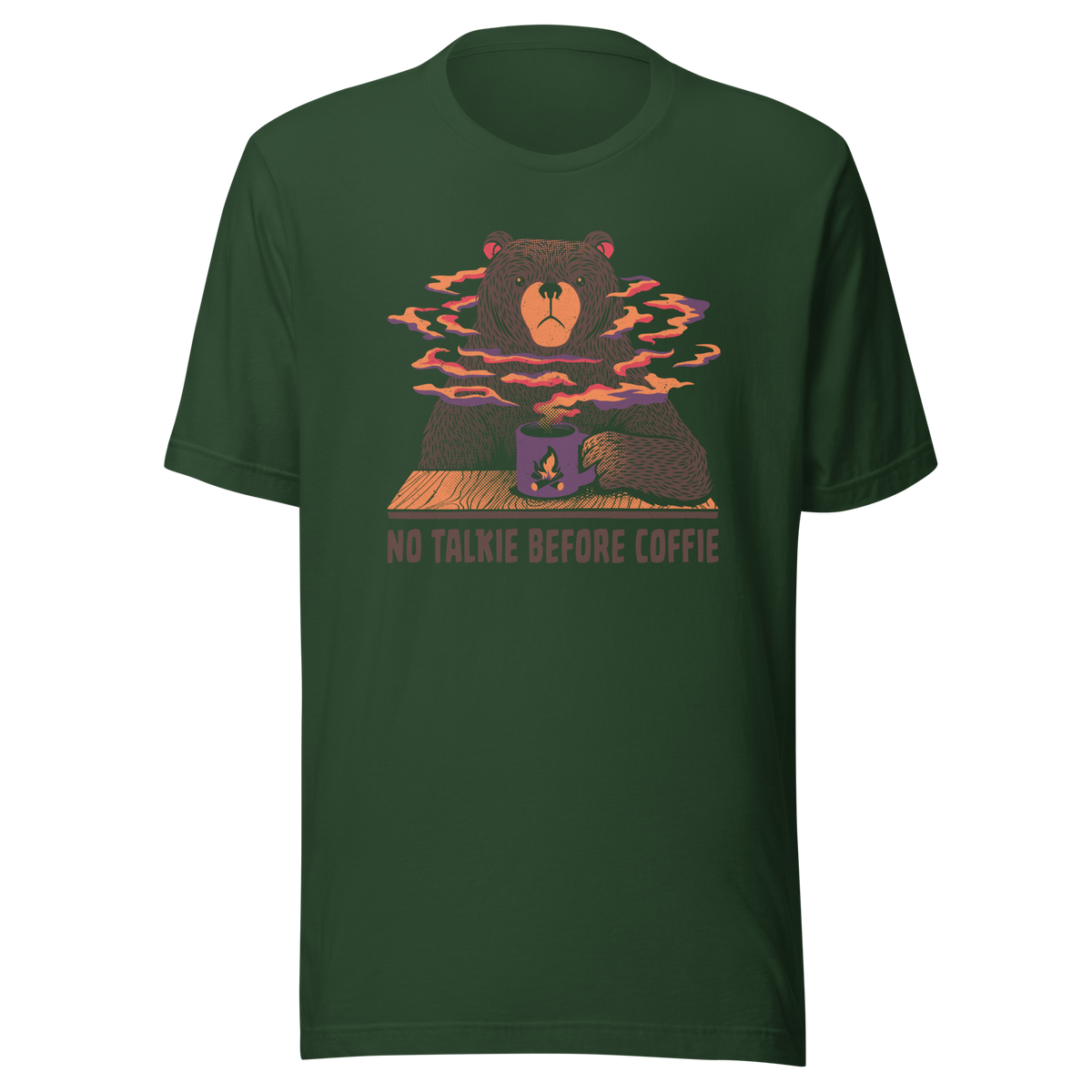 A large brown bear holding a purple coffee cup with a campfire design, with steam rising as if the coffee were piping hot. Below it appears the phrase ‘No Talkie Before Coffie’. A fun design for coffee lovers and anyone who isn’t ready to talk before their first cup.