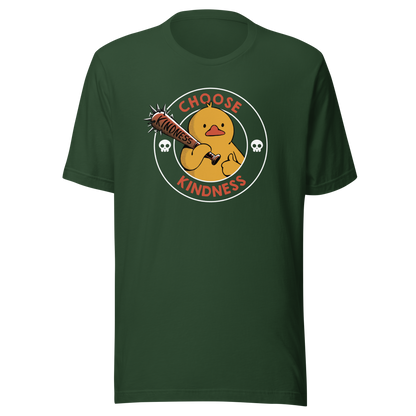 A tough-looking duck holds a spiked bat labeled “Kindness”, giving a thumbs up while surrounded by the phrase “Choose Kindness”. This bold design delivers a chaotic yet wholesome message: choose kindness — or else. Ideal for fans of dark humor, ducks with attitude, and ironic motivational vibes.
