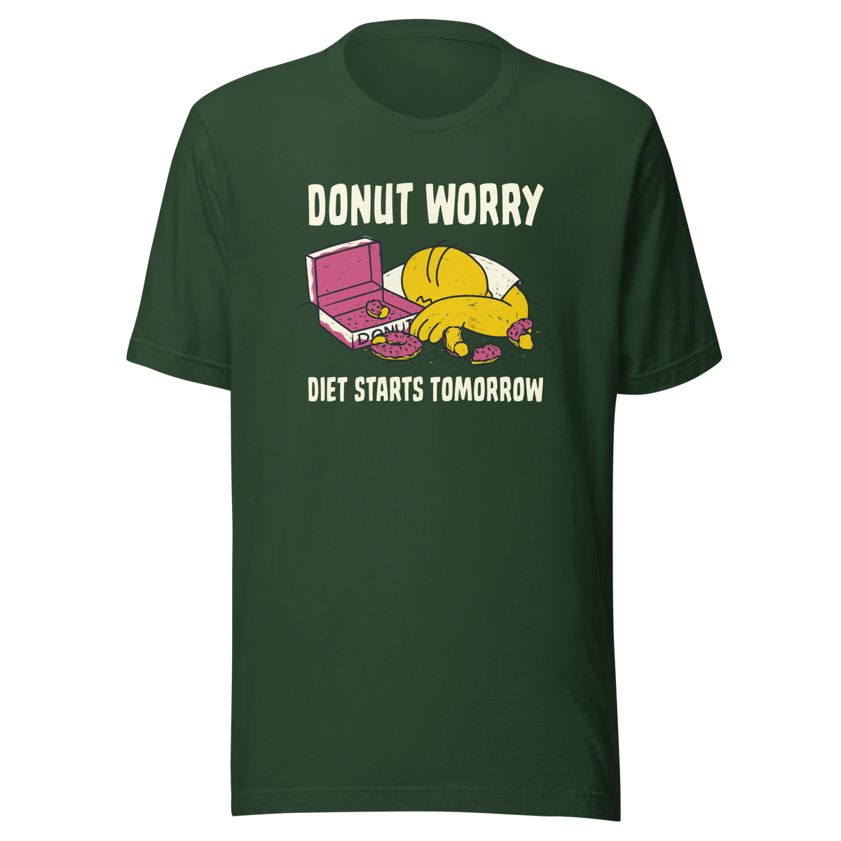 A playful design featuring a sleepy yellow cartoon character next to an open box of donuts, surrounded by crumbs and icing, with the phrase “Donut Worry Diet Starts Tomorrow”. Sweet, relatable and full of humor, it’s the perfect gift for donut lovers and anyone who believes diets can always start tomorrow.