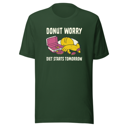 A playful design featuring a sleepy yellow cartoon character next to an open box of donuts, surrounded by crumbs and icing, with the phrase “Donut Worry Diet Starts Tomorrow”. Sweet, relatable and full of humor, it’s the perfect gift for donut lovers and anyone who believes diets can always start tomorrow.