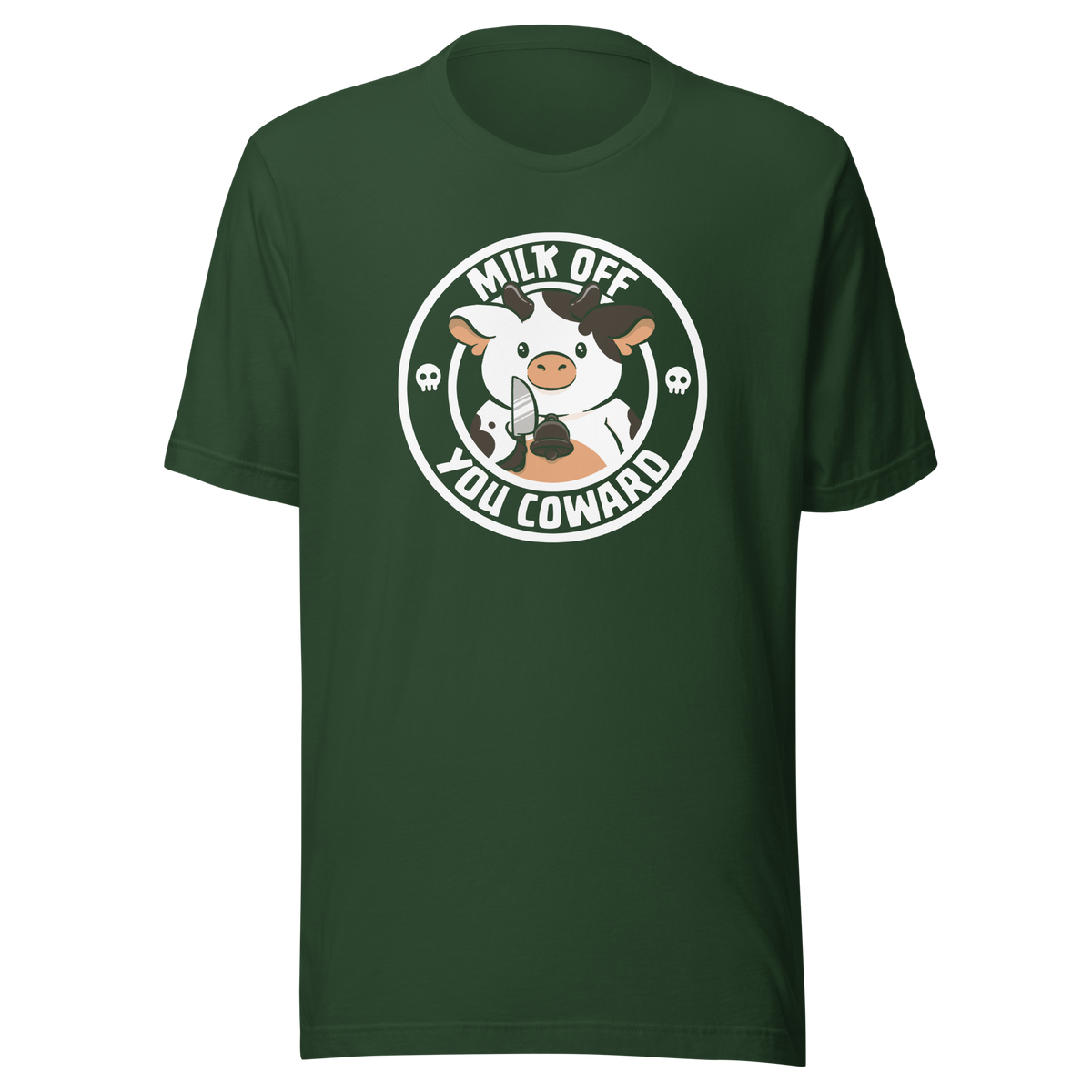 A quirky stamp-style design featuring a cute spotted cow holding a knife alongside the phrase "Milk Off You Coward". Blending dark humour with a cheeky attitude, this playful design is perfect for cow lovers, fans of sarcastic humour, and anyone who enjoys bold, irreverent artwork.