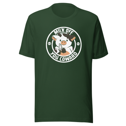 A quirky stamp-style design featuring a cute spotted cow holding a knife alongside the phrase "Milk Off You Coward". Blending dark humour with a cheeky attitude, this playful design is perfect for cow lovers, fans of sarcastic humour, and anyone who enjoys bold, irreverent artwork.