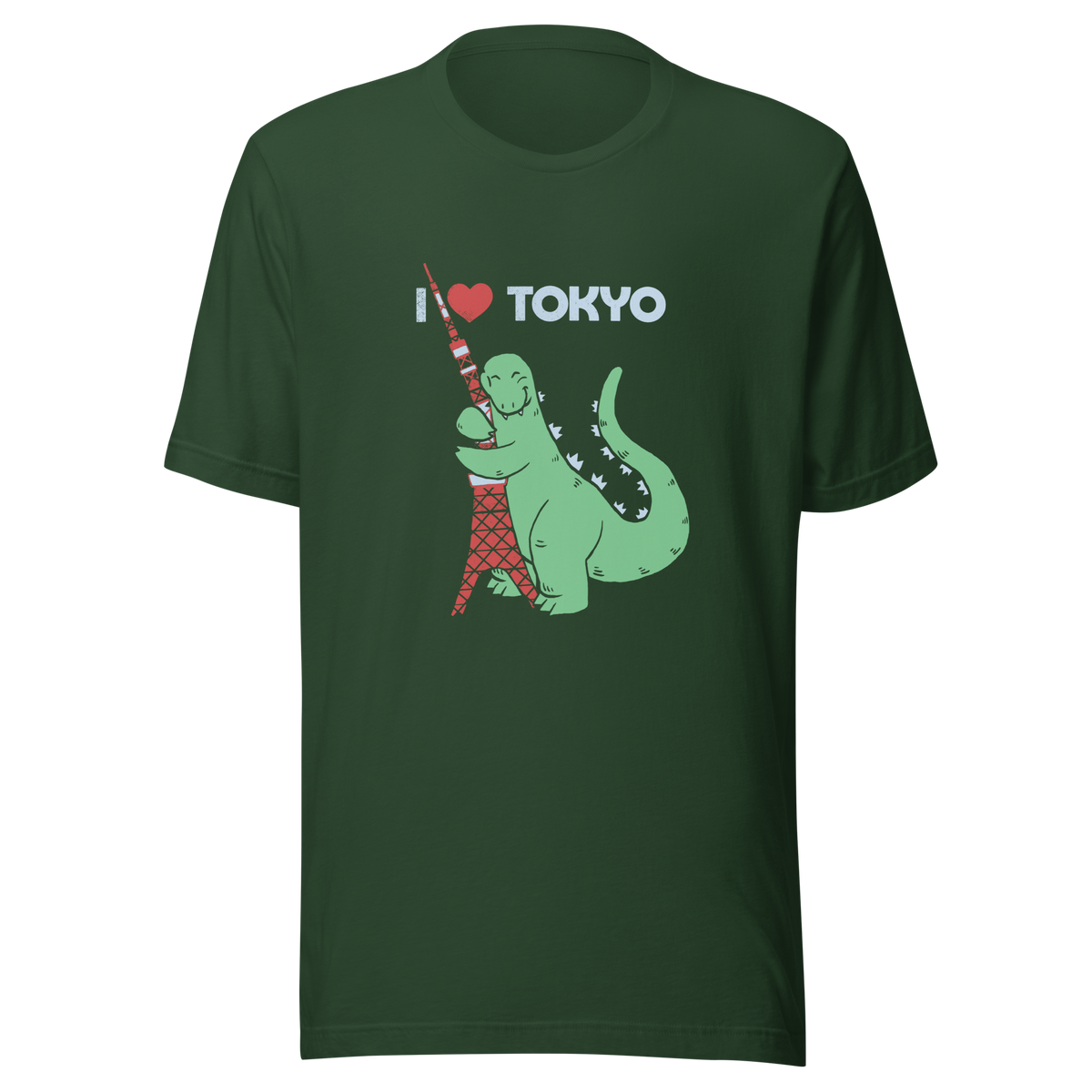 Funny cartoon monster hugging the Tokyo Tower under an “I Love Tokyo” sign. Retro-style parody artwork with vintage textures and playful giant-creature humor.