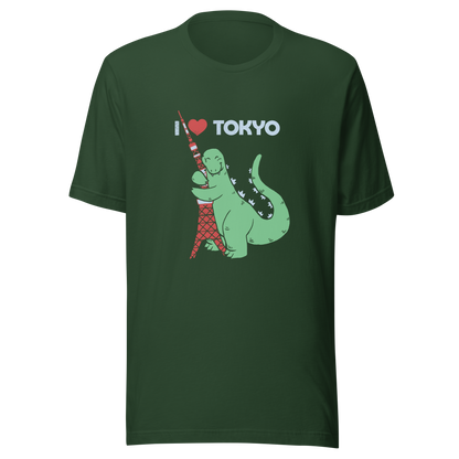 Funny cartoon monster hugging the Tokyo Tower under an “I Love Tokyo” sign. Retro-style parody artwork with vintage textures and playful giant-creature humor.