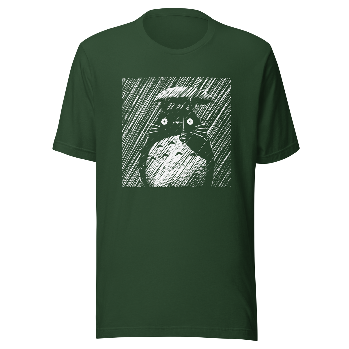 A large forest spirit stands still in the rain, holding a tiny umbrella while soaking in the storm. This black and white design captures a quiet, emotional moment with a vintage, textured style.