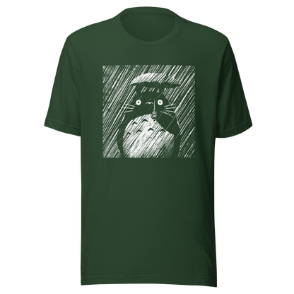 A large forest spirit stands still in the rain, holding a tiny umbrella while soaking in the storm. This black and white design captures a quiet, emotional moment with a vintage, textured style.