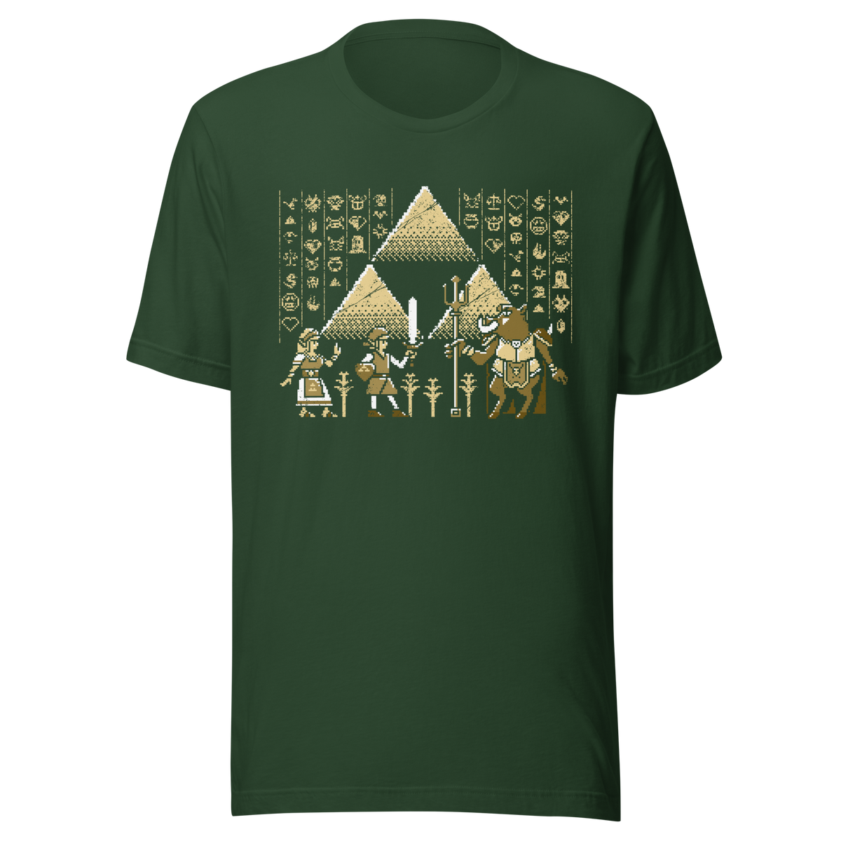 A pixel-style hero, princess, and beast clash in front of golden pyramids and mysterious symbols. This retro fantasy design blends ancient power with classic 8-bit vibes — perfect for old-school adventurers.