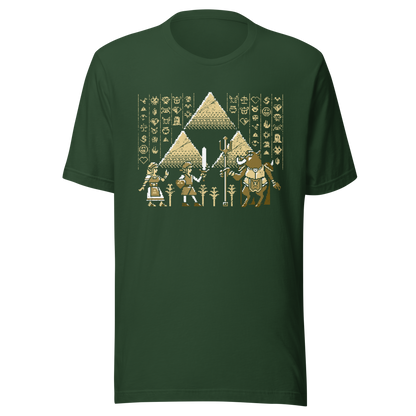 A pixel-style hero, princess, and beast clash in front of golden pyramids and mysterious symbols. This retro fantasy design blends ancient power with classic 8-bit vibes — perfect for old-school adventurers.