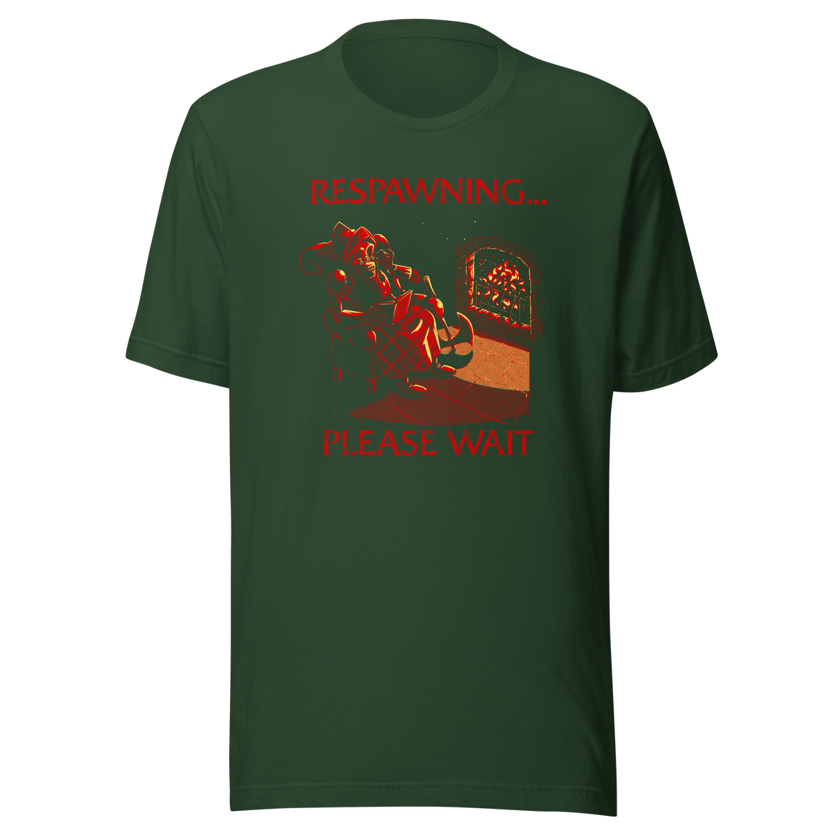 A skeleton warrior rests by the fireplace, sipping tea and reading while waiting to respawn. With cozy lighting and dark humor, this design is made for gamers who know death is just a short break.