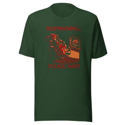 A skeleton warrior rests by the fireplace, sipping tea and reading while waiting to respawn. With cozy lighting and dark humor, this design is made for gamers who know death is just a short break.