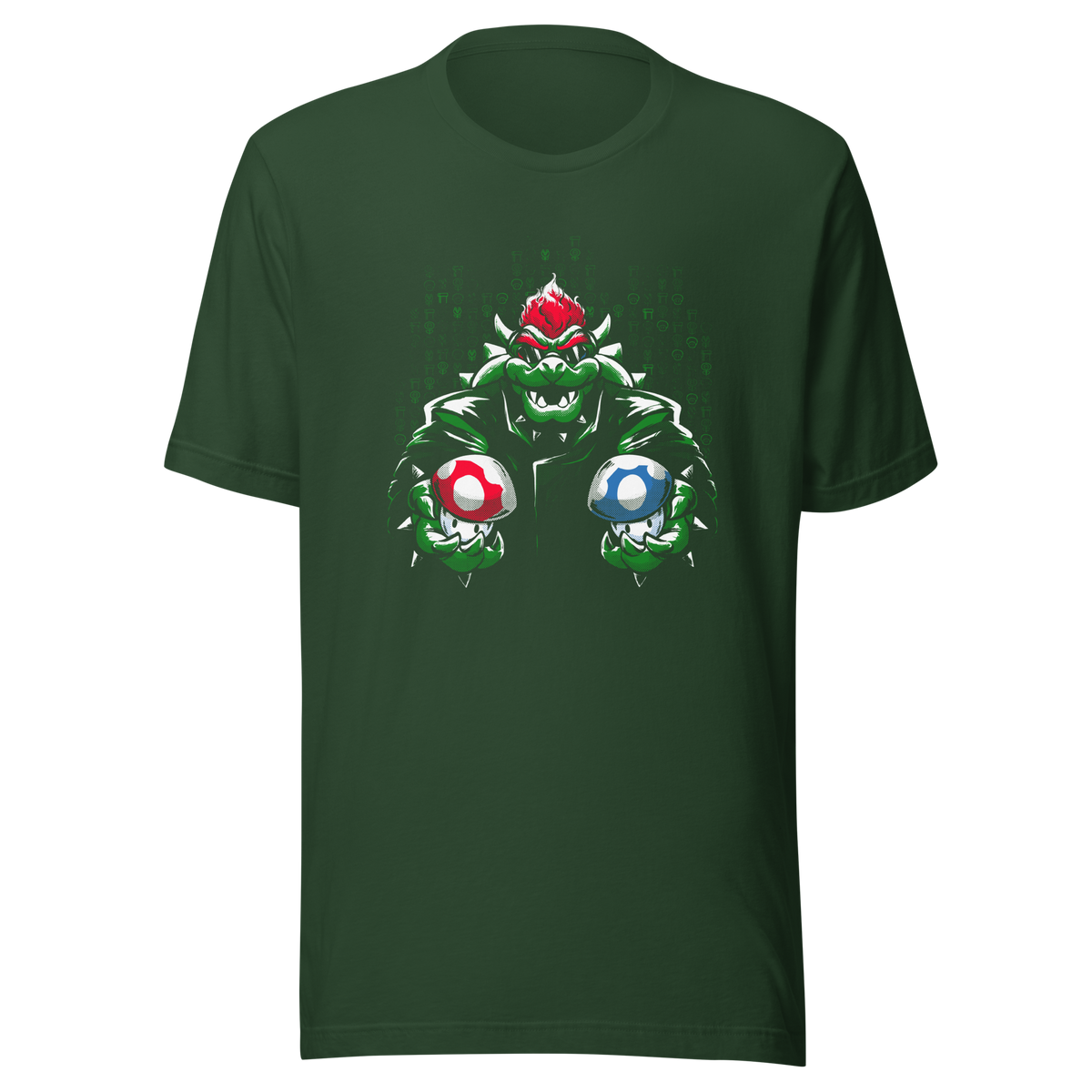 A fierce green fantasy creature with a red crest holds two colorful mushroom-like objects against a digital backdrop. Bold comic-style artwork, vivid contrasts, and a playful retro-gaming aesthetic create a powerful and energetic design.