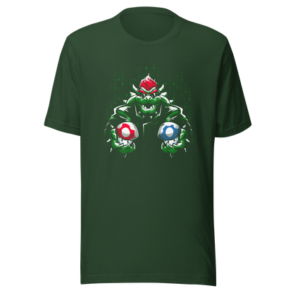 A fierce green fantasy creature with a red crest holds two colorful mushroom-like objects against a digital backdrop. Bold comic-style artwork, vivid contrasts, and a playful retro-gaming aesthetic create a powerful and energetic design.