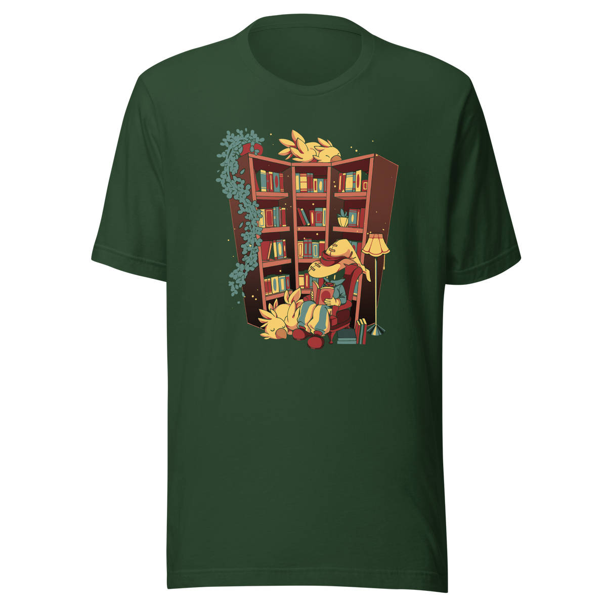 A cozy fantasy library depicts a mysterious reader in a wide-brimmed hat, surrounded by books, the light of a lamp, hanging plants, and small bird-like creatures. The illustration conveys tranquil reading, comfort, and magical escapism.
