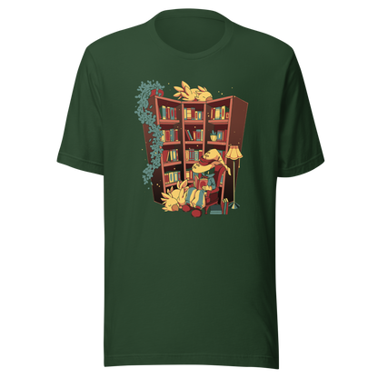 A cozy fantasy library depicts a mysterious reader in a wide-brimmed hat, surrounded by books, the light of a lamp, hanging plants, and small bird-like creatures. The illustration conveys tranquil reading, comfort, and magical escapism.