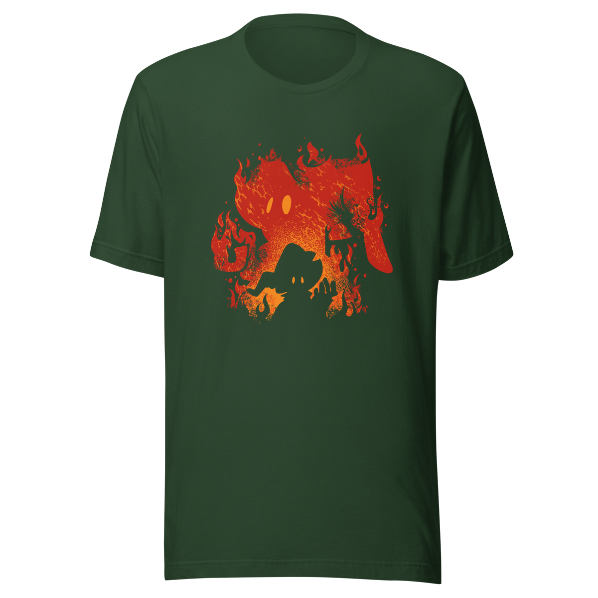The silhouette of a character wearing a pointed hat emerges against a backdrop of their own shadow engulfed in flames, featuring a weathered texture. A striking design that evokes dark fantasy, magic, and fire.