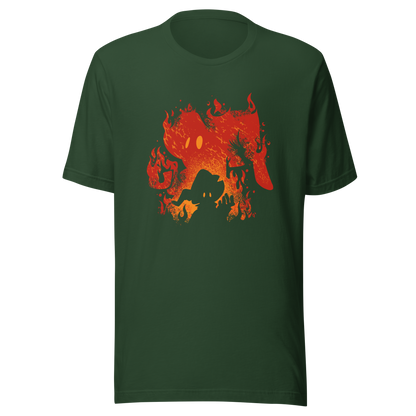 The silhouette of a character wearing a pointed hat emerges against a backdrop of their own shadow engulfed in flames, featuring a weathered texture. A striking design that evokes dark fantasy, magic, and fire.