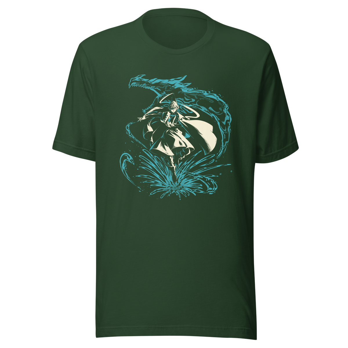 A fantasy warrior in flowing robes strides through a dramatic splash of water, framed by a massive serpentine dragon-like creature. The teal and cream artwork creates a powerful, mystical sense of motion and energy.