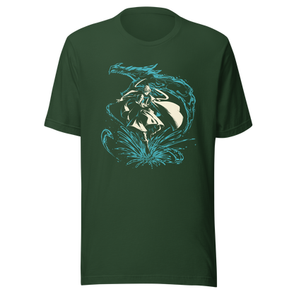 A fantasy warrior in flowing robes strides through a dramatic splash of water, framed by a massive serpentine dragon-like creature. The teal and cream artwork creates a powerful, mystical sense of motion and energy.