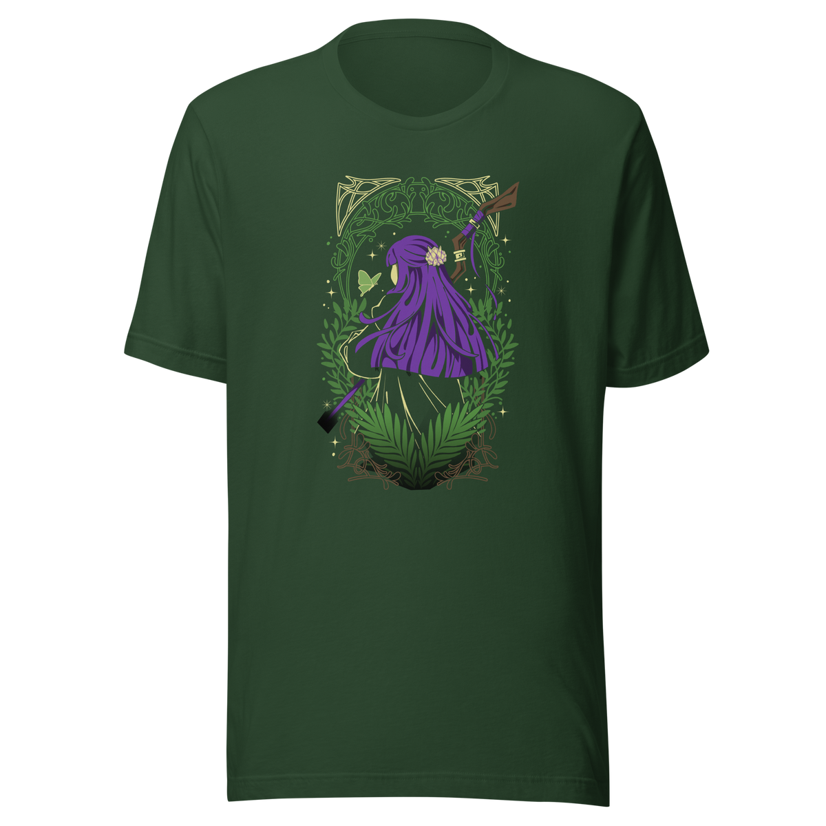 A character with long purple hair and a floral hair ornament stands facing away, holding a wooden staff. Green ferns, leafy branches, a butterfly, and decorative golden patterns surround the figure.
