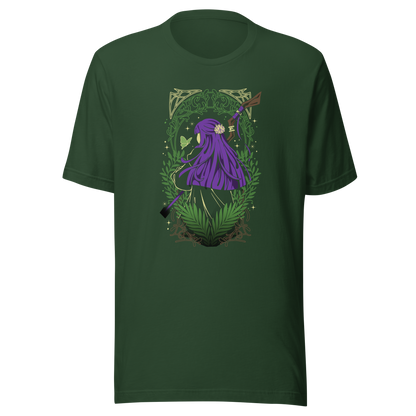 A character with long purple hair and a floral hair ornament stands facing away, holding a wooden staff. Green ferns, leafy branches, a butterfly, and decorative golden patterns surround the figure.
