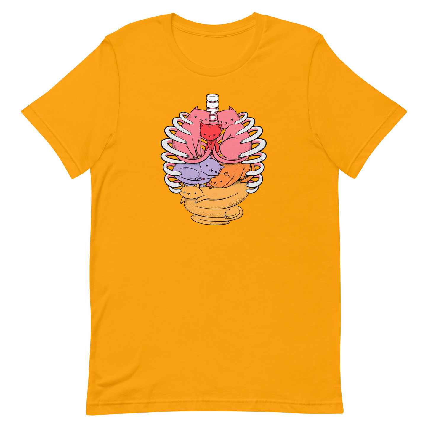 The image features a unique and colorful illustration of six whimsical cats nestled within and around a human ribcage. Each cat is a different bright color, ranging from pink and purple to orange and yellow, creating a visually appealing and vibrant composition. The use of contrasting colors and playful subject matter gives it a charming and eye-catching style.