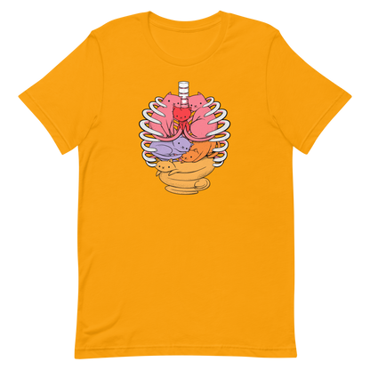The image features a unique and colorful illustration of six whimsical cats nestled within and around a human ribcage. Each cat is a different bright color, ranging from pink and purple to orange and yellow, creating a visually appealing and vibrant composition. The use of contrasting colors and playful subject matter gives it a charming and eye-catching style.