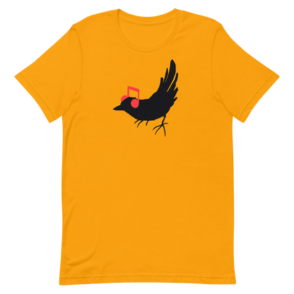 The drawing is a black silhouette of a bird in profile, standing on the ground, with bright red musical notes positioned like headphones over its ears, creating a whimsical and playful contrast. The drawing is simple, using solid colors and minimal details, giving it a modern and fun feel suitable for various merchandise like t-shirts, stickers, coffee cups, and skateboards.