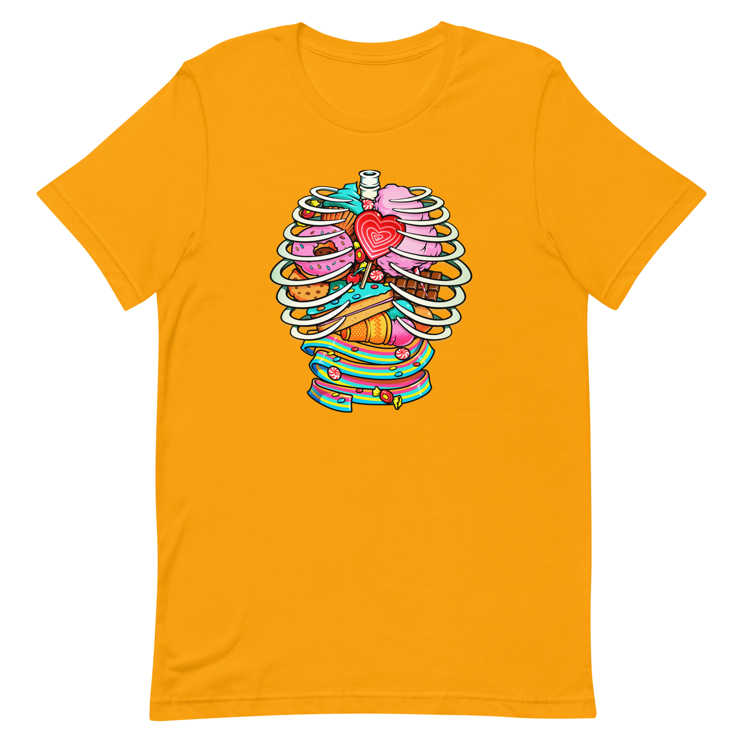 This vibrant design features a detailed, cartoonish human ribcage with various colorful candies and sweets filling the cavity. The sweets include a heart-shaped lollipop, cookies, cotton candy, chocolate bars, ice cream, donuts, and colorful candy strips. The style is reminiscent of pop art with bold lines and vivid colors, making it visually striking and playful.