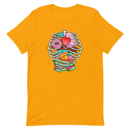 This vibrant design features a detailed, cartoonish human ribcage with various colorful candies and sweets filling the cavity. The sweets include a heart-shaped lollipop, cookies, cotton candy, chocolate bars, ice cream, donuts, and colorful candy strips. The style is reminiscent of pop art with bold lines and vivid colors, making it visually striking and playful.