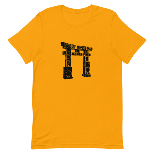 A traditional Japanese torii gate built entirely out of stacked speakers stands bold on a vibrant background. This design fuses sacred architecture with sound system culture to create a powerful visual mashup. Perfect for DJs, music lovers, streetwear fans, and anyone who vibes with loud art and cultural blends.
