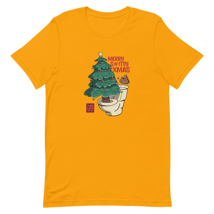 A toilet from which a Christmas tree is being decorated with Christmas decorations by a small poop, next to them the phrase "Merry Shitty Xmas". An art with a lot of humor for the Christmas mood.