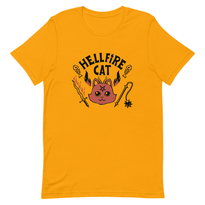 Vintage-style illustration of a cute red devil cat with small horns and a pentagram on its forehead, surrounded by flames, weapons, fish skeletons, and the bold phrase “Hellfire Cat” in a playful gothic design.