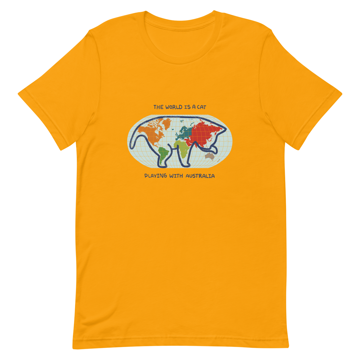The world map forms the silhouette of a giant cat playing with Australia as if it were a toy. This design transforms the planet into a fun scene that combines humor and imagination. Ideal for cat lovers, geography enthusiasts and anyone who enjoys seeing the world with a touch of creativity.