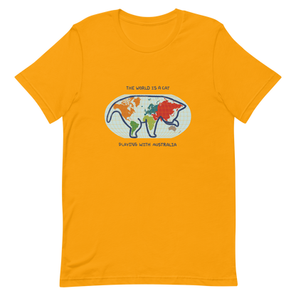 The world map forms the silhouette of a giant cat playing with Australia as if it were a toy. This design transforms the planet into a fun scene that combines humor and imagination. Ideal for cat lovers, geography enthusiasts and anyone who enjoys seeing the world with a touch of creativity.