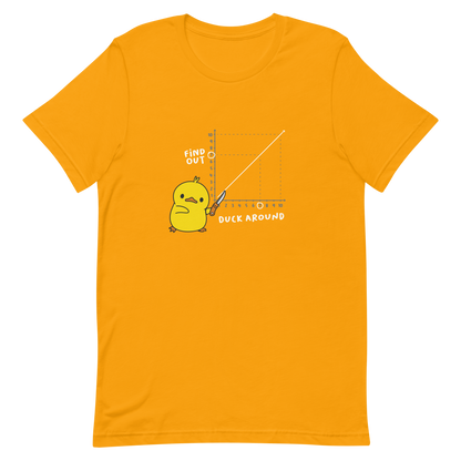 A cute little duckling holds a knife and points to a graphic depicting the inevitable connection between "Duck Around" and "Find Out." This design is a visual play on the famous "F*uck around and find out" meme, reimagined with humor and cuteness. Perfect for those who love ducks, memes, and a touch of clever chaos.
