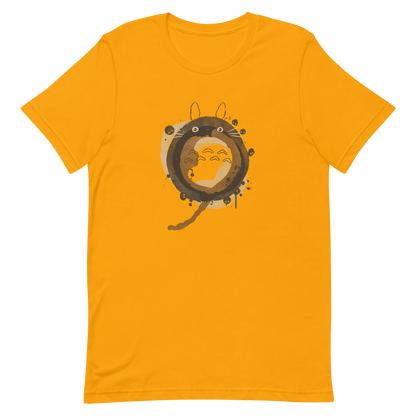 A watercolor-style creature forms a circular shape in soft shades of brown, surrounded by tiny forest spirits. The minimalist ink and watercolor textures create a dreamy, nostalgic atmosphere. Perfect for fans of nature, calm energy, and magical worlds.