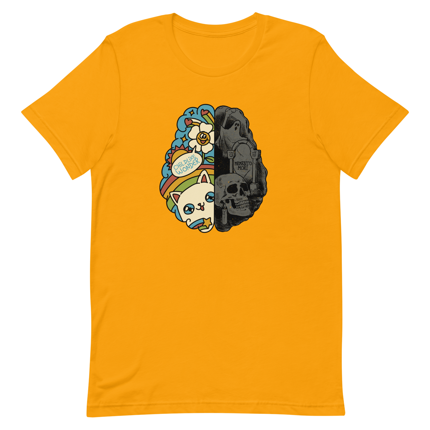 This artwork depicts a split brain, one side cheerful and vibrant with a cute cat, rainbows, and the phrase "Childlike Wonder," the other dark and gothic with skulls and the inscription "Memento Mor". It represents the duality between life and mortality, joy and decay. A perfect choice for fans of art with a macabre yet cute touch, psychological themes, and people who have an inner duality.