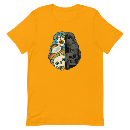 This artwork depicts a split brain, one side cheerful and vibrant with a cute cat, rainbows, and the phrase "Childlike Wonder," the other dark and gothic with skulls and the inscription "Memento Mor". It represents the duality between life and mortality, joy and decay. A perfect choice for fans of art with a macabre yet cute touch, psychological themes, and people who have an inner duality.