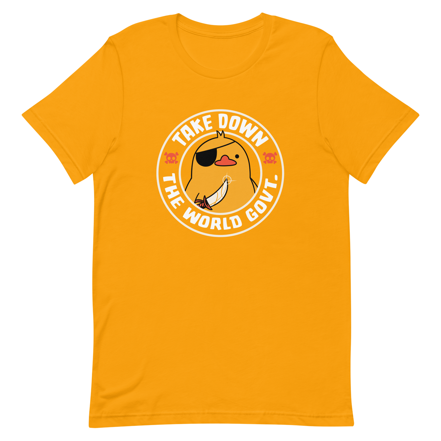 A stamp-like design featuring a fearless duck wearing an eyepatch and wielding a sword, with the words “Take Down The World Govt.” written around it. This artwork represents rebellion and independence for those who refuse to follow rules . Ideal for free-spirited people, pirate adventures appreciators, duck lovers or those who simply enjoy unique and irreverent art.